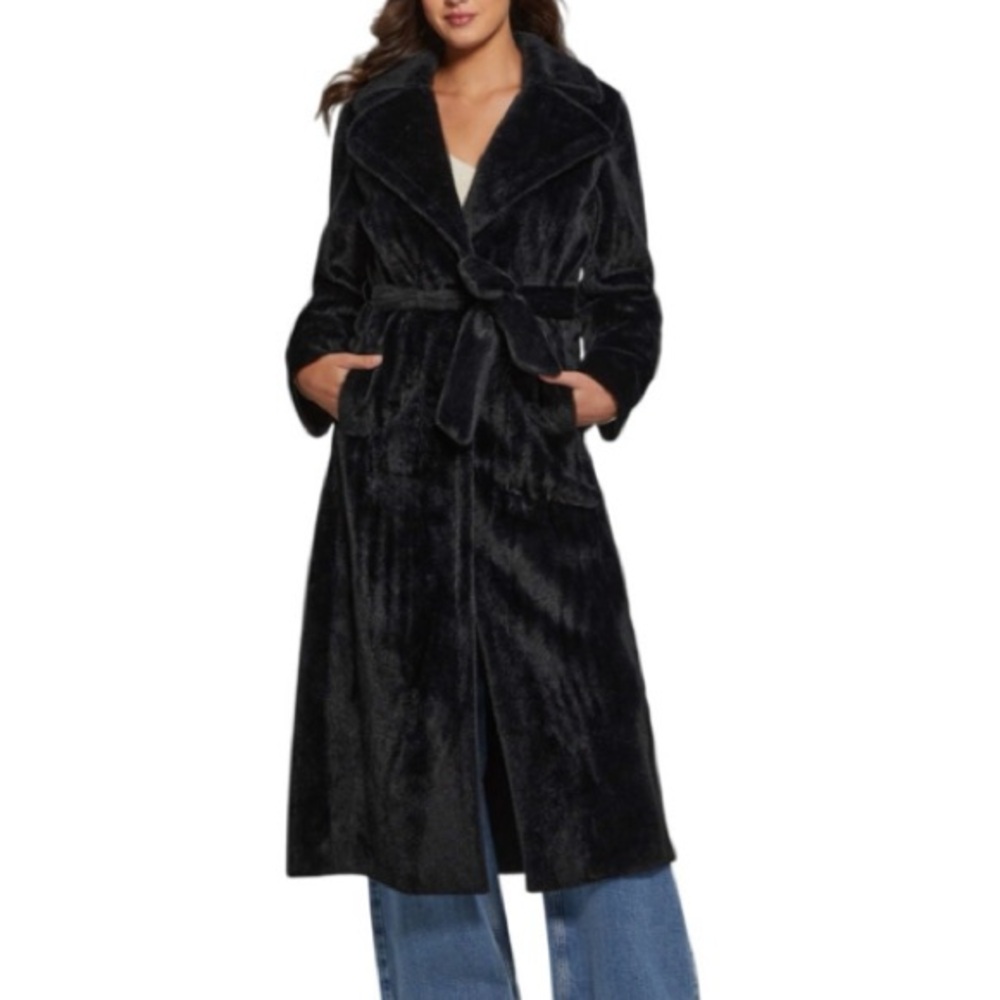 GUESS Ada Faux Fur Long Coat Black Size Medium